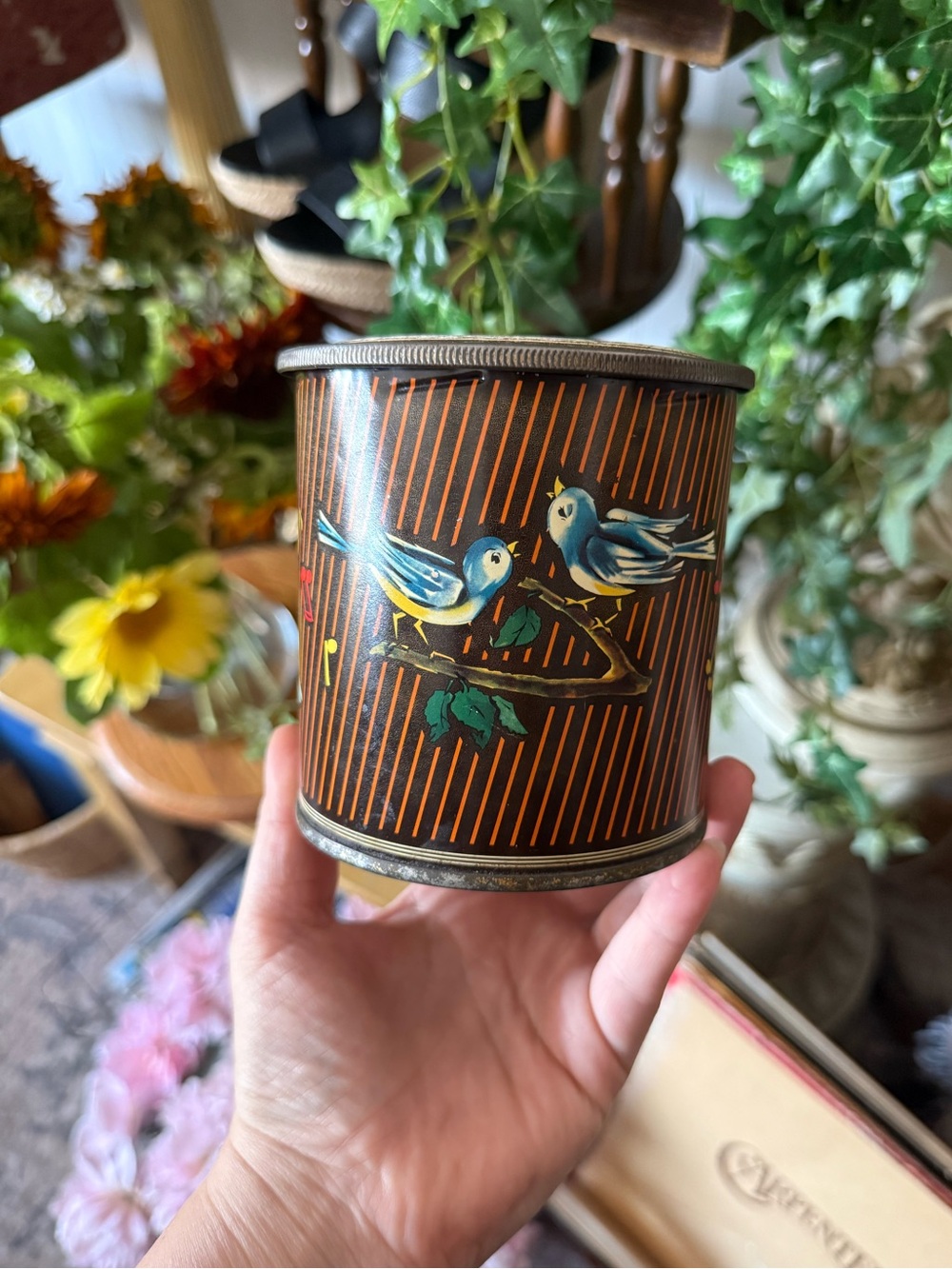Vintage Blue Song Bird Tin Canister